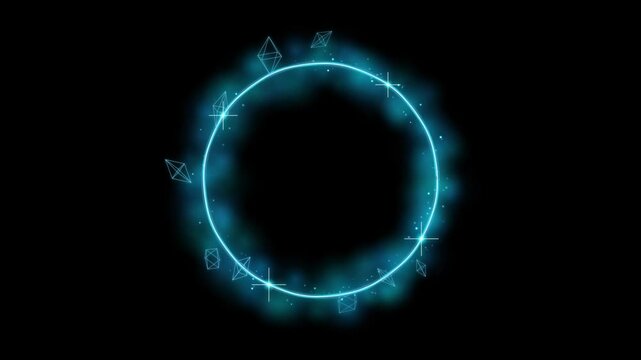 Seamless looping animation of a glowing neon circle border. Magical portal concept with floating diamonds and glowing dust aura.