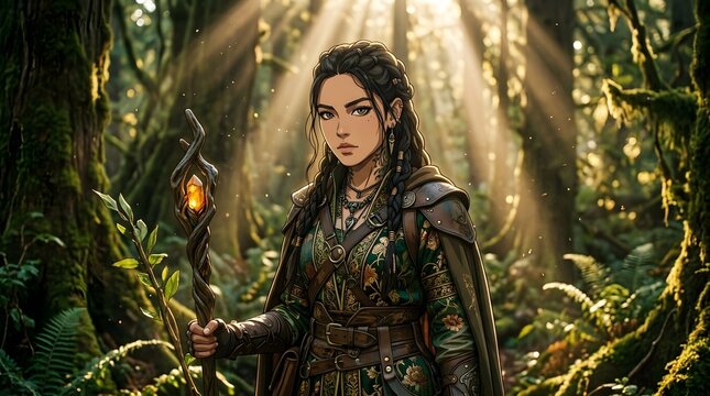 Fantasy druid woman with magical staff in a sunlit mossy forest