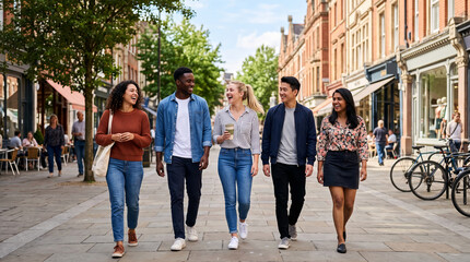 Fototapeta premium Diverse group of friends walking on a street, showcasing happiness and connection, representing friendship and urban lifestyle