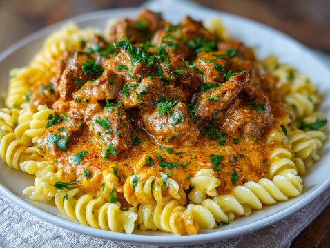 Hearty beef stroganoff with creamy sauce served over spiral pasta