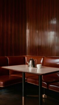 Cozy vintage diner booth with teapot and cup on table