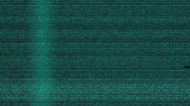 Binary digits change continuously across a dark digital background with teal glowing text