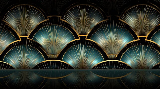Luxury futuristic art deco background with translucent holographic geometric fans and stepped architectural patterns, glowing champagne gold