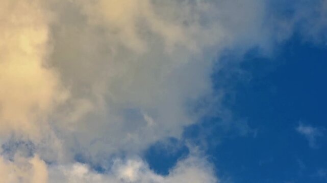 Fluffy yellow clouds on blue sky background with swallow birds flying 
