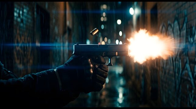 Handgun firing in dark rainy city alleyway with muzzle flash and ejecting casing