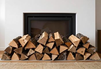 Fototapeta premium Cozy home interior with stacked firewood by a modern fireplace, warmth and comfort for winter season
