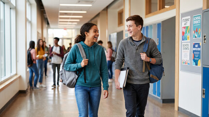 Fototapeta premium Students walking and laughing in a school hallway, showcasing positive social interaction and youthful energy, representative of school life and education