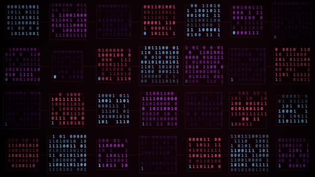 Binary code panels changing across a dark digital grid with glowing blue, pink, and purple characters