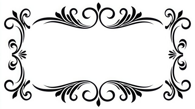 Elegant vintage flourish frame with decorative black scrollwork isolated on white background. Use this ornate border design for wedding invitations and retro greeting cards.