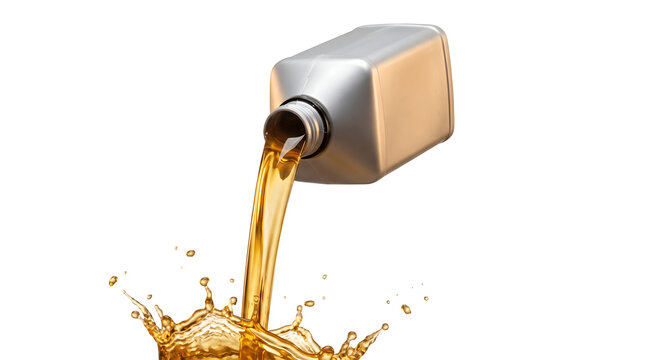 Golden engine oil pouring from plastic canister on transparent background