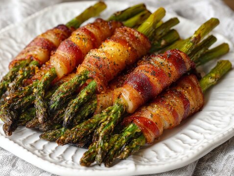 Crispy bacon wrapped asparagus bundles on a white decorative plate