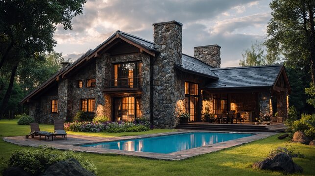 Elegant stone house with illuminated windows and infinity pool overlooking tranquil forest at dusk, perfect luxury retreat concept for serene living spaces