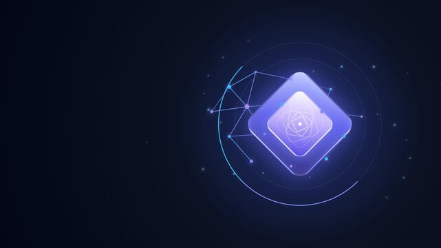 Abstract futuristic technology concept with glowing digital data network and quantum computing symbol