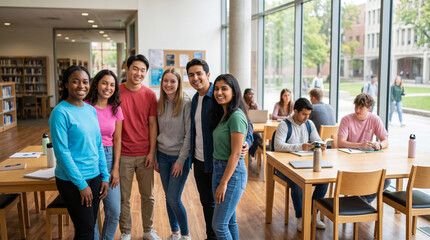 Obraz premium Diverse group of young adults smiling in a bright, modern library, representing education, community, and collaboration