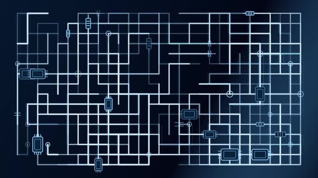 Abstract circuit network with glowing pathways changing illumination across a dark blue electronic design