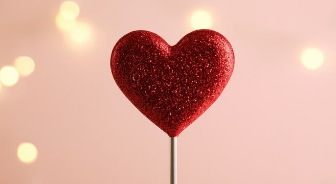Glittering red heart on a stick with soft bokeh lights in background