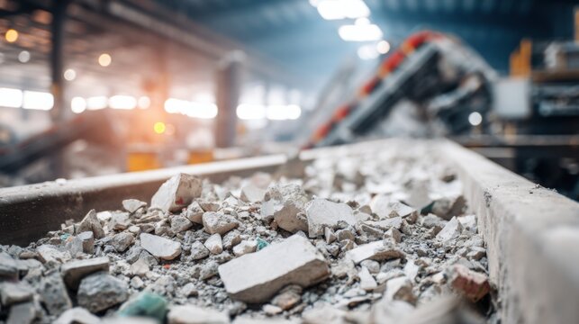Modern construction waste recycling facility, close up of crushed concrete, bricks and reclaimed building materials on an automated sorting conveyor
