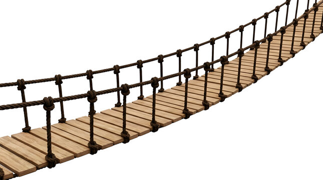 Traditional wooden suspension rope bridge walkway as isolated object