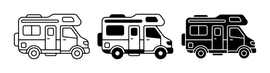 Fototapeta premium RV Icons Set, Motorhome Vector Graphics, Camper Van Illustrations, Travel Vehicle Line Art