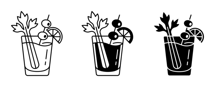 Cocktail Icons Set, Bloody Mary Drinks, Bar Garnishes, Simple Line Art & Silhouette Styles