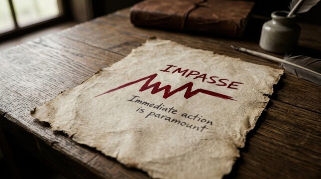 Aged parchment detailing an urgent impasse with bold red ink on a rustic wooden table