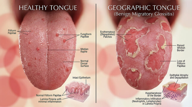 Healthy Tongue Versus Geographic Tongue Serpiginous Patches and Hyperkeratotic Border