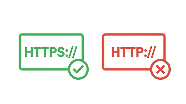 Secure HTTPS protocol vs unsecure HTTP internet address icon comparison with checkmark and cross symbols.
