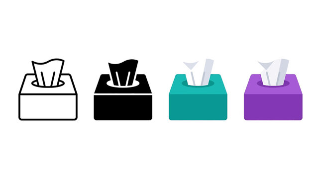 Tissue box vector icon set showing paper napkin dispenser in line silhouette and colored style variations