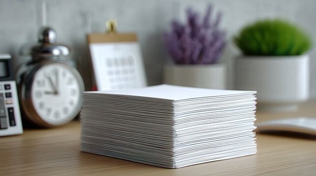 A stack of blank white paper sits on a desk, ready for use. Beside it is a calculator, a calendar, and two small potted plants, suggesting a workspace or office setting.