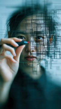 A person interacts with a digital interface, manipulating data streams with a stylus, symbolizing the fusion of human intellect and advanced technology.