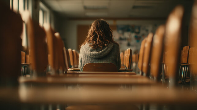 A lonely student sits in an empty classroom, her back to the viewer, surrounded by rows of vacant chairs. The image evokes feelings of isolation and introspection within an educational setting.