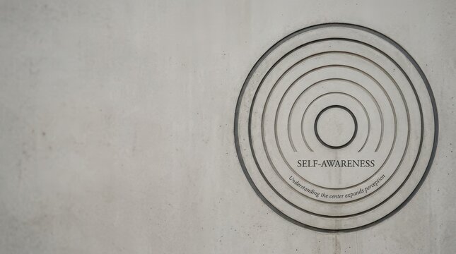 Concentric circles diagram illustrating self-awareness and understanding the inner experience on a textured grey wall