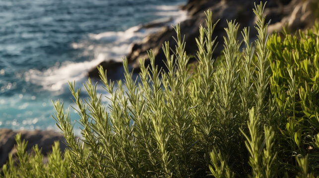 Rosemary herb growing on a rocky coastline with the turquoise sea in the background, captured in the soft light of early morning.