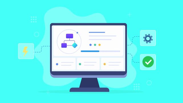 Modern flat vector animation of a desktop monitor displaying a workflow dashboard with integration, settings, document, and confirmation icons for digital business processes.