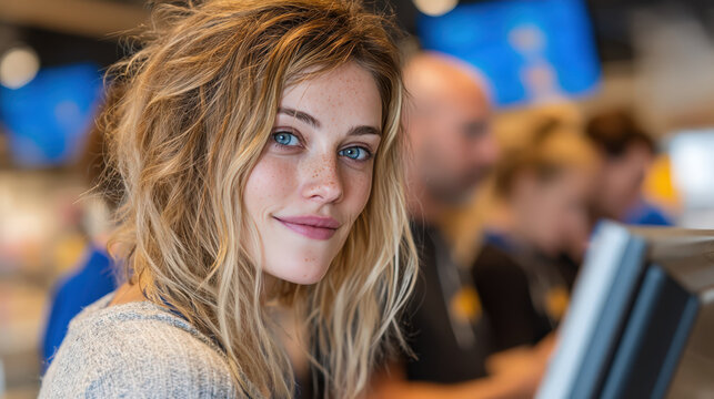 A young woman with striking blue eyes and windswept blonde hair looks confidently towards the camera, her gaze conveying a sense of strength and determination. She is in a gym.