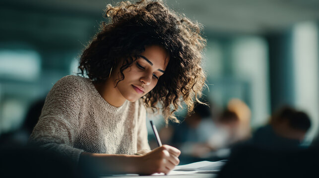 A young woman with curly hair diligently writes in a notebook in a classroom, her focus evident as she works.