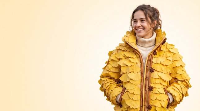 Oversized puffer jacket made of ginkgo biloba cinnamon and anise concept, smiling young woman wrapped in voluminous cozy autumn outerwear, warm pastel yellow gradient background with copy space