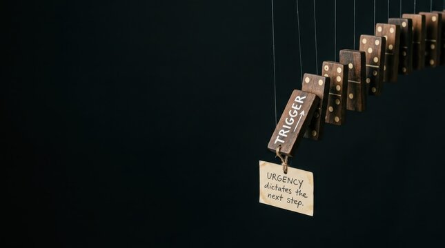 Dominoes suspended by thin wires, a "TRIGGER" domino with a sign stating "Urgency dictates the next step"