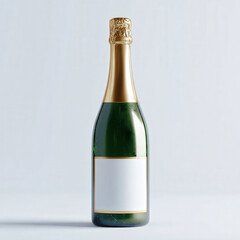 Fototapeta premium A bottle of champagne with a golden cap and blank label sits on a light blue background.