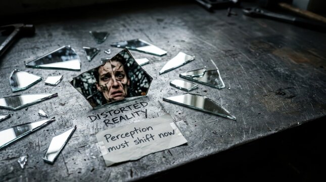 Fragmented image and broken glass on a textured surface with text about distorted reality and shifting perception