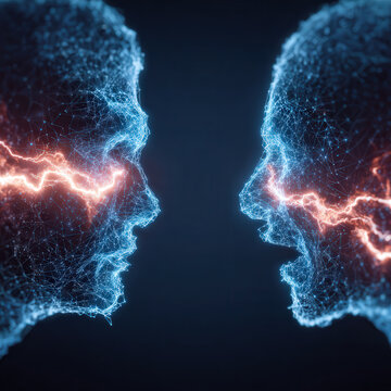 Two abstract glowing blue wireframe heads face each other, engaged in a powerful electrical energy exchange, symbolizing conflict, connection, or thought.