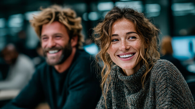A man and a woman with beaming smiles sit together, enjoying each other's company. The soft lighting and shallow depth of field create an intimate and warm atmosphere.