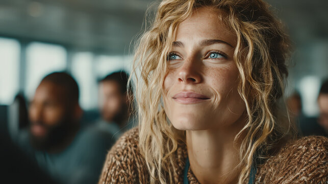 A young woman with curly blonde hair gazes thoughtfully into the distance, her face illuminated by soft light, with other people blurred in the background suggesting a classroom or lecture hall.