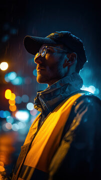 A worker wearing a high-visibility vest and cap stands in the rain at night, illuminated by the blurred lights of the city, a solitary figure against the urban glow.
