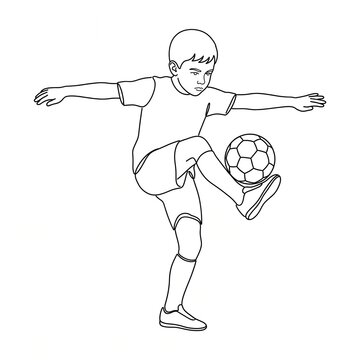 Boy Juggling Soccer Ball With Foot Practicing Football Skills In Line Art Illustration