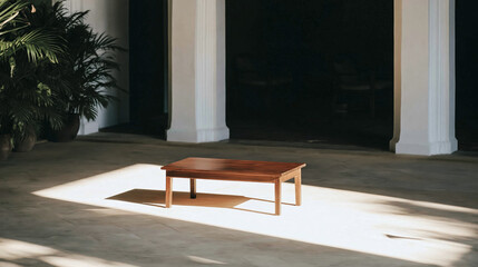 Fototapeta premium Empty wooden table illuminated by a rectangular patch of sunlight on a concrete floor, framed by white columns and dark shadows
