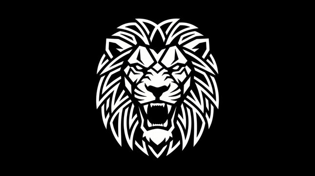 Bold geometric roaring lion head logo in white and black with symmetrical mane, isolated on dark background for mascot branding and emblem design