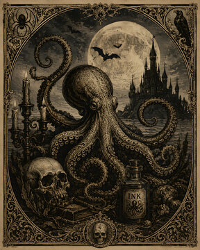 Gothic illustration of giant octopus kraken with human skull and dark vampire castle under full moon vintage engraving style