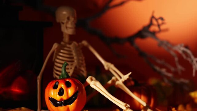 Camera glide past lantern, pumpkin and skeleton props for Halloween decor, party backdrops and spooky autumn interiors