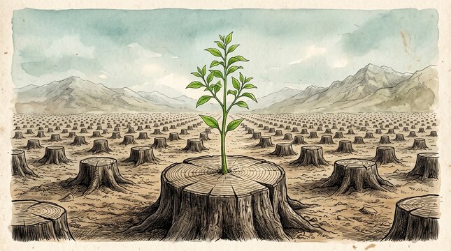 "Single sapling growing from tree stump amid deforested field, hope and regrowth illustration"
